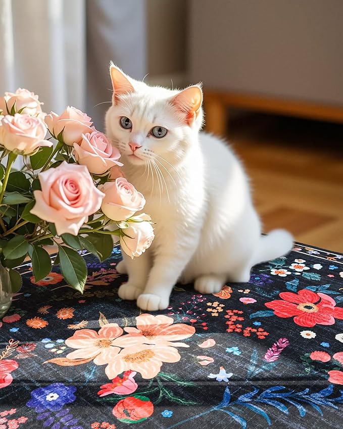 Macgace 5x7 Black Floral Rug for Girls Bedroom, Machine Washable Area Rugs with Non Slip Backingfor Living Room, Cute Flowers Carpet Kitchen Dining Room Kids Playroom Decor