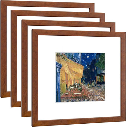12x12 Picture Frame Set of 4 Made of Solid Wood Photo Frame with Real Glass for Pictures 8x8 with Mat or 12x12 without Mat, Wall Gallery or Tabletop display Frames, Brown