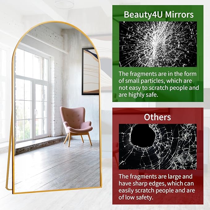 Beauty4U 76" x 37" Arched Full Length Mirror with Stand, Large Floor Mirror for Bedroom & Living Room, HD Tempered Glass Wall Mounted or Leaning Dressing Mirror, Gold Metal Frame