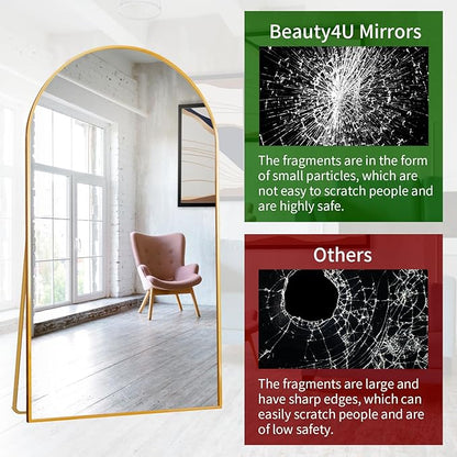 Beauty4U 76" x 37" Arched Full Length Mirror with Stand, Large Floor Mirror for Bedroom & Living Room, HD Tempered Glass Wall Mounted or Leaning Dressing Mirror, Gold Metal Frame