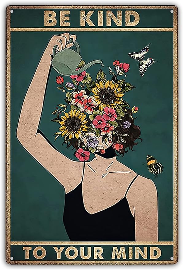 Fmcmly Vintage Tin Signs Be Kind to Your Mind Hippie Boho Art Poster Land Lady Gift Encouragement Gifts for Women Home Kitchen Office Bedroom Cafes Wall Decor 8x12 Inch