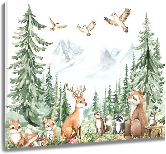 LB Rustic Woodland Animal Wall Art Green Forest Mountain and Wild Animals Canvas Wall Art Cute Kids Wall Decor for Nursery and playroom Bedroom Living Room Bathroom Framed Ready to Hang 8L x 10W