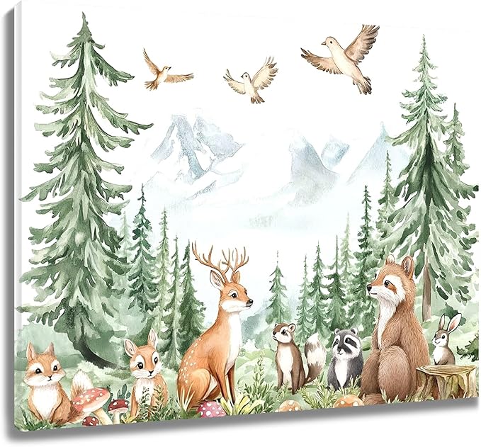 LB Watercolor Woodland Forest Animals Wall Art for Bedroom Rustic Farmhouse Pine Tree Mountain Canvas Wall Art Cute Nature Wall Pictures for Living Room Office Bathroom Framed Ready to Hang 12L x 16W