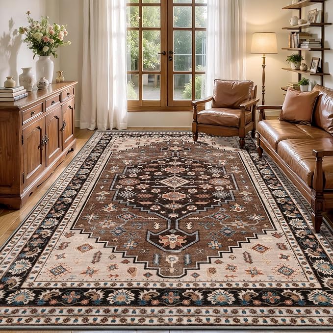 Tangsoo 6x9 Area Rug for Living Room,Machine Washable Large Rugs Non-Slip Boho Rug,Vintage Brown Beige Carpet Farmhouse Soft Low Pile Foldable Floor Rug for Bedroom Dining Room Dorm Home Office