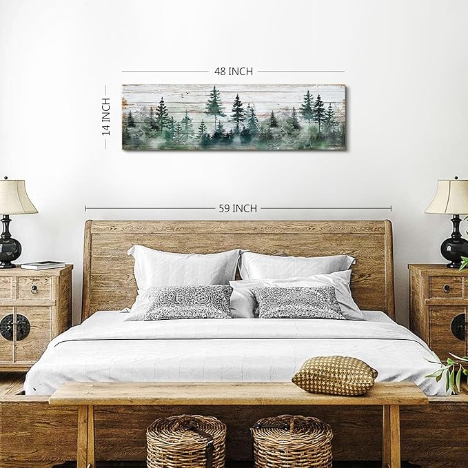 Farmhouse Pine Tree Wall Art Forest Picture Wall Decor Rustic Wood Mountain Canvas Prints Artwork for Living Room Kitchen Cabin Home Decor Vintage Landscape Poster Painting Decorations 14x48”