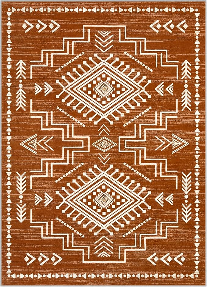 Joydeco Moroccan Washable 8x10 Rugs for Living Room, Western Burnt Orange Large Area Rug for Bedroom Dining Room, Soft Stain Resistant Aztec Carpet Fall Rug for Guestroom Office Playroom