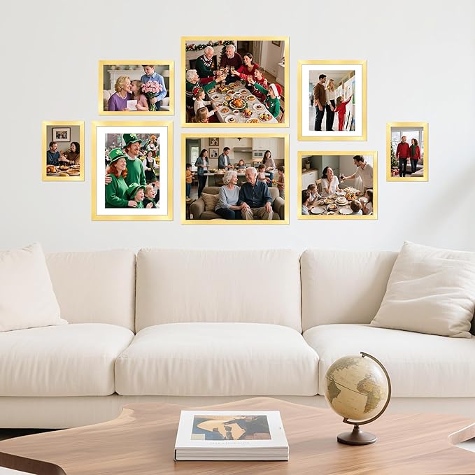 8.5x11 Picture Frame Set of 8, Gold Photo Frames for Gallery Wall Mounting, Display Pictures 6x8 with Mat or 8.5 by 11 Without, Certificate Frame with Plexiglass for Home Office Wall Decor