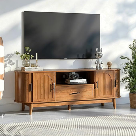 Mxtxmy 63" Fluted TV Stand for Tvs up to 70", Mid-Century Modern Entertainment Center with Drawers and Fluted Doors, Curved TV Media Console Table with Sliding Doors for Living Room, Bedroom (63")