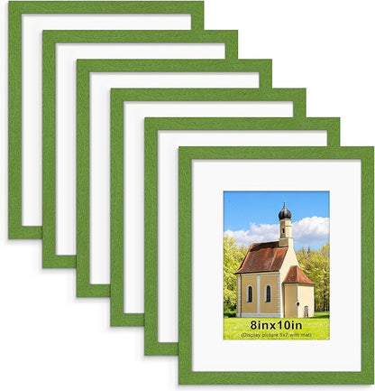PEALSN 8x10 Picture Frame Set of 6, Display Pictures 5x7 with Mat or 8x10 without Mat for Wall Mounting or Table Top Display, Photo Frames Collage for Wall Decor, Green