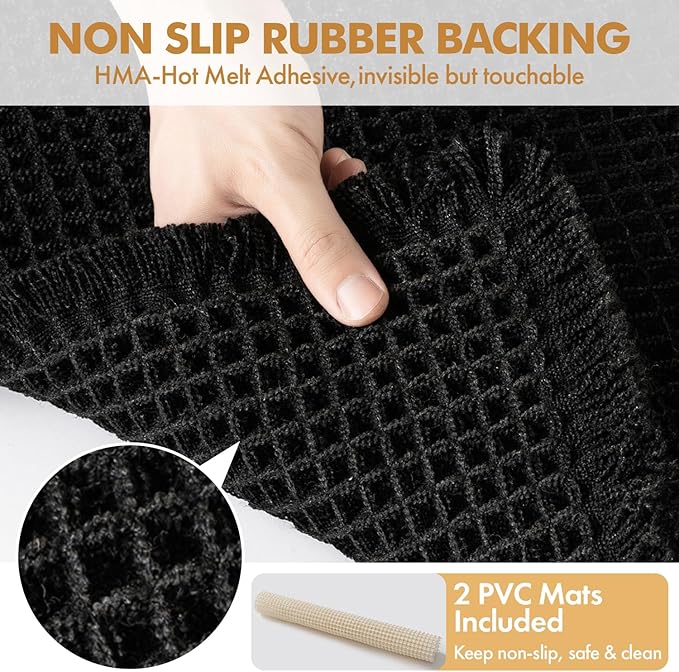 MIULEE Set of 2 Waffle Bathroom Rugs, Boho Bath Rugs Non Slip Washable, Super Absorbent Bath Mats, Ultra Soft Rubber Backed Shower Mats for Bathroom Floor, Tub, Black, 17"x24"+18"x30"
