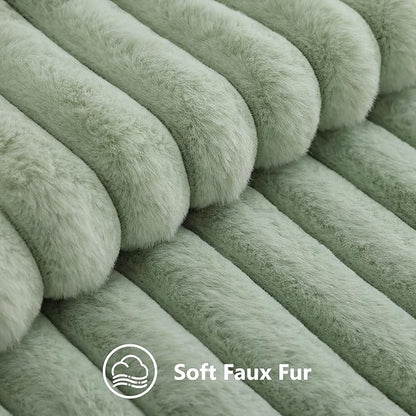 decorUhome Summer Cozy Faux Fur Throw Pillow Covers 18x18 Set of 2 Decorative Soft Plush Striped Modern Farmhouse Boho Couch Pillow Cases with Velvet Back for Sofa Bed Living Room, Sage Green