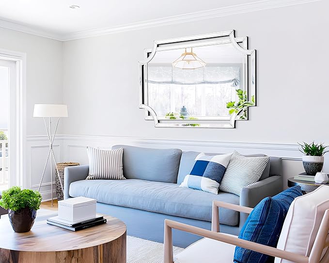 Chende Scalloped Large Wall Mirror, 28" x 40" Bathroom Mirror with Beveled Edge and Glass Pieces, Wall Decor for Living Room, Entryway, Fireplace, Dining Room, Hallway, Horizontal/Vertical Mirror