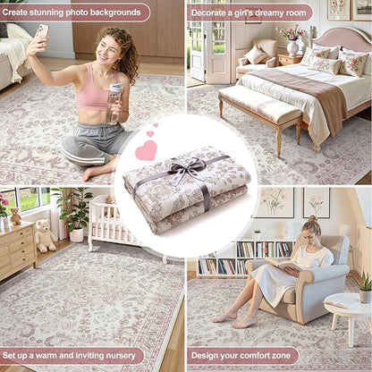 Wonnitar Vintage Floral Rugs for Bedroom Girls, 5x7 Washable Pink Nursery Rug for Baby, Ultra-Thin Non Slip Soft Medallion Carpet for Aesthetic Decor Toddler Kids Room Living Room