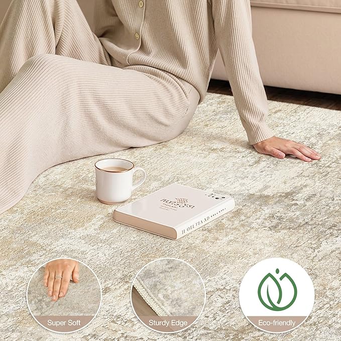 cotiled 10x14 Area Rugs for Living Room - Washable Neutral Abstract Carpet Non Slip Soft Rug for Bedroom & Dining Table, Robot Vacuum & Pet Friendly Floor Decor Beige