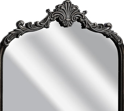 Wylde Iris English Estate Carved Arch Wood Wall Mirror, Mirror for Entryway, Living Room, Bathroom, Distressed Black, 20.4x33