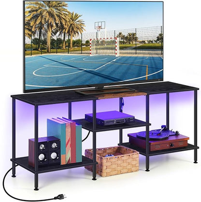 LED TV Stand for Bedroom Black 50 Inch TV Stand with Power Outlet, 3 Tier Small Entertainment Center with Storage Farmhouse TV Media Console Table for 50 43 40 32 Inch TV