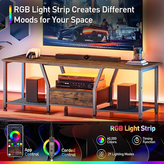 RALGEND TV Stand with LED Lights, for TVs up to 55 Inches, 47" Entertainment Center with Fabric Drawer & Soundbar Shelf, Media Console Table for Living Room, Bedroom, Rustic Brown and Black 1201DSDBB