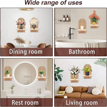 LIYAOLI Boho Wall Shelf Set of 2-15 x 8.6 Inch Arched Wooden Hanging Shelves for Living Room & Bedroom - Mid-Century Modern Bohemian Wall Decor (Natural Wood Finish)