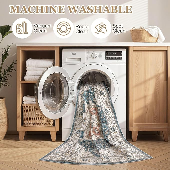 Area Rug 10x14 Washable Vintage - Soft Traditional Rug for Living Room Bedroom Dining Room or Home Office -Non Slip Backing Large Rugs with Low Pile Farmhouse Oriental Retro Carpet - Blue