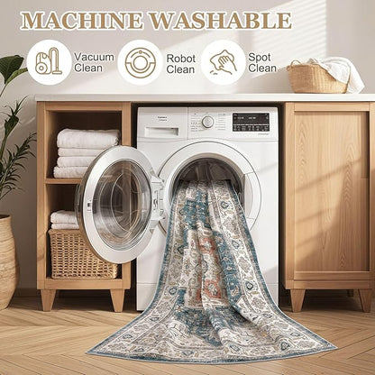 Area Rug 7x9 Washable Vintage - Soft Traditional Rugs for Living Room Large Non Slip Backing with Low Pile Farmhouse Oriental Retro Carpet for Bedroom Dining Room or Home Office - Blue