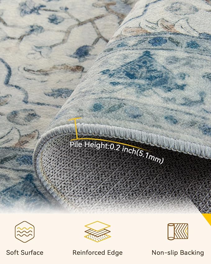 RELEANY Area Rugs Square 6ft Washable Non-Slip, Floral Vintage Distress Print Pattern Medallion Carpet for Living Room Bedroom Dining Room, Light Blue Navy Beige Gray White