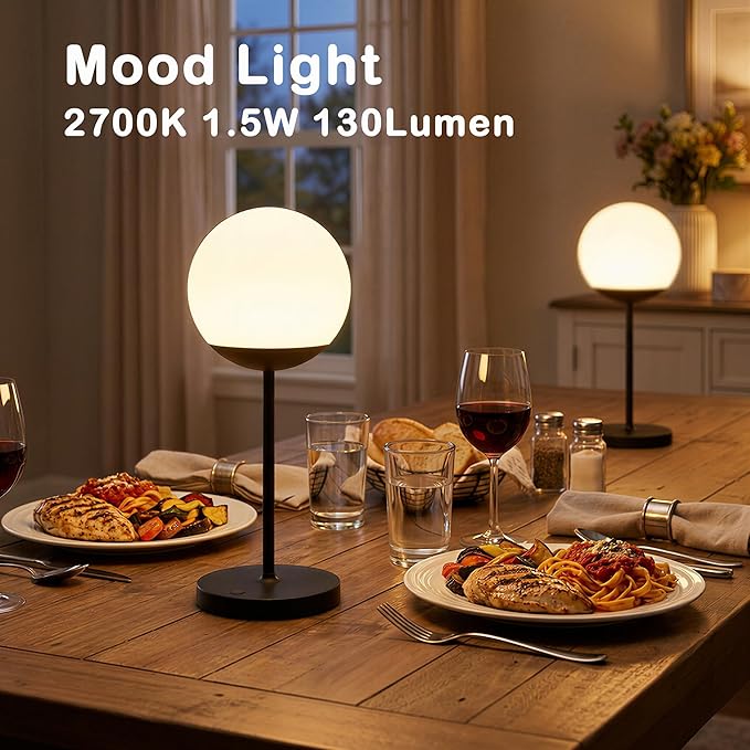 WEILAILUX Cordless Table Lamp with Globe Shade, Rechargeable Dimmable Bedside Light, Shower Lamp Waterproof, Touch Control, 8-72 Hours Runtime, 2700K Warm White for Indoor Outdoor (Black, Mini)