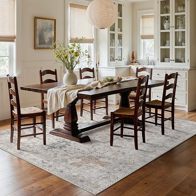 GENIMO 7'6''x9'6'' Area Rugs for Living Room, Machine Washable Rugs, Low Pile Non Slip Vintage Rug for Bedroom, Dining Room, Home Office, Light Taupe Brown