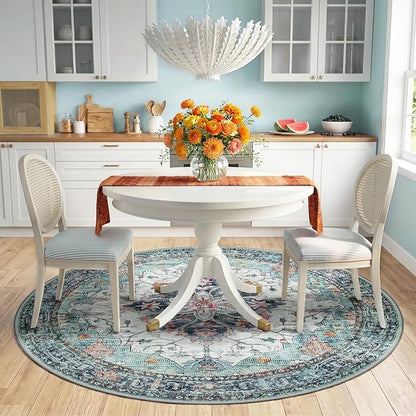 RELEANY Area Rugs Round 6ft Washable Non-Slip, Floral Vintage Distress Print Pattern Medallion Carpet for Living Room Bedroom Dining Room, Green Navy Blue White Red Teal Colorful