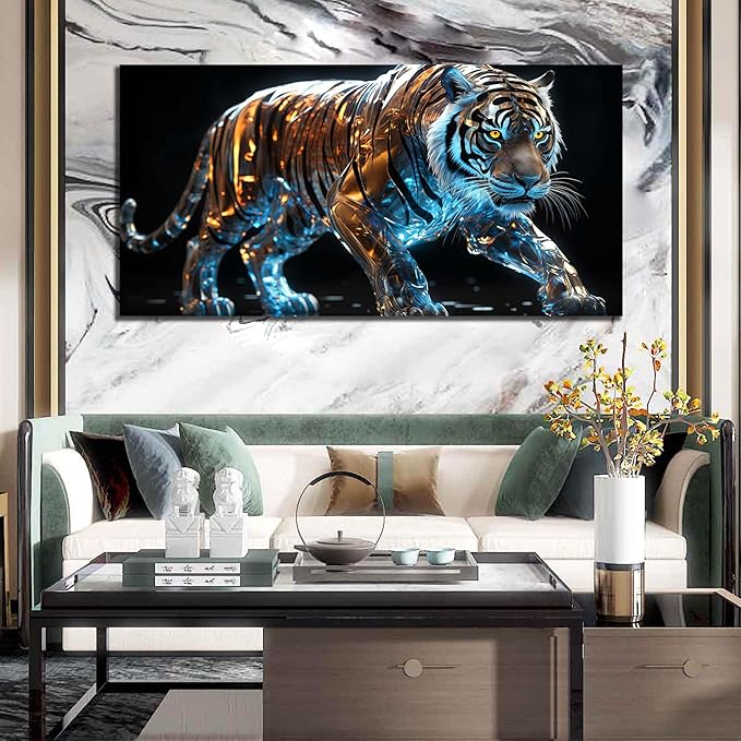 Ouzzlie Tiger Art Wall Decor for Living Room Modern Black Canvas Picture Gold Wall Art for Bedroom Office Large Artwork Print 29" x 59"