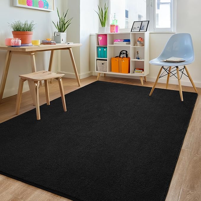 Rugs for Living Room Bedroom, 6x9 ft Black Area Rug, Washable Memory Foam Indoor Carpet, Modern Aesthetic Minimalist Non-Slip Carpets for Boys Girls Adults Home Decor
