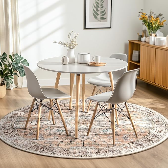 BESTSWEETIE 8ft Area Rug Washable Rugs for Living Room, No Pile Boho Carpet for Entryway Bedroom Dinning Room, Vintage Carpet Print Distressed Non-Slip, 96" Round, Orange Pink Brown Earth Tones