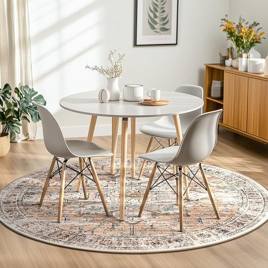 BESTSWEETIE 8ft Area Rug Washable Rugs for Living Room, No Pile Boho Carpet for Entryway Bedroom Dinning Room, Vintage Carpet Print Distressed Non-Slip, 96" Round, Orange Pink Brown Earth Tones
