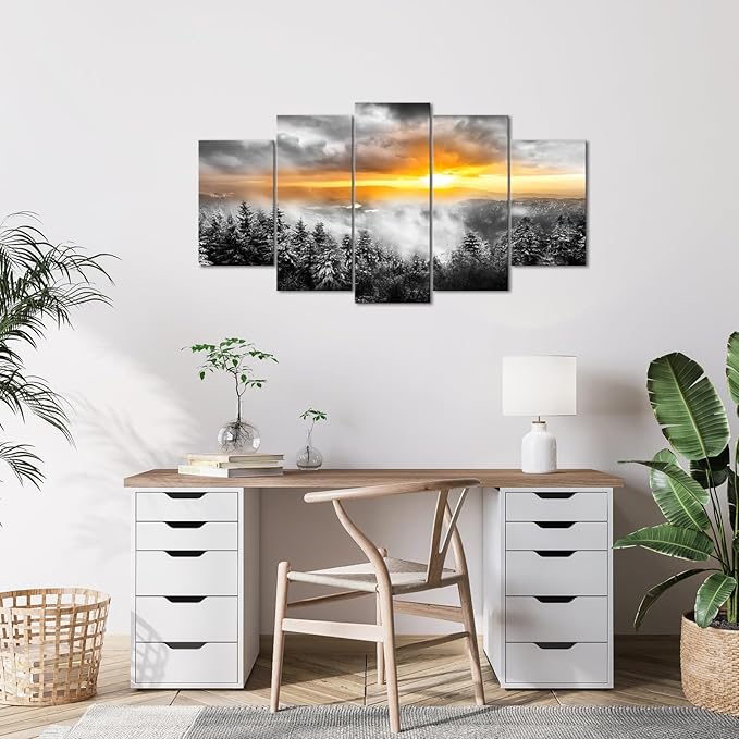 KLVOS 5 Panels Fog Mountain Canvas Wall Art Sunrise Misty Forest Print Picture Paintings Black and White Nature Artwork Modern Bedroom Living Room Office Decor Gallery Wrapped