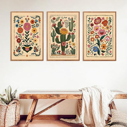 HLNIUC Vintage Flower Wall Art Canvas,Desert Plant Wall Art,Flower Butterfly Artwork,Retro Floral Painting,Cactus Painting,Botanical Framed Decor,William Morris Prints for Living Room Bedroom- 24x36x3