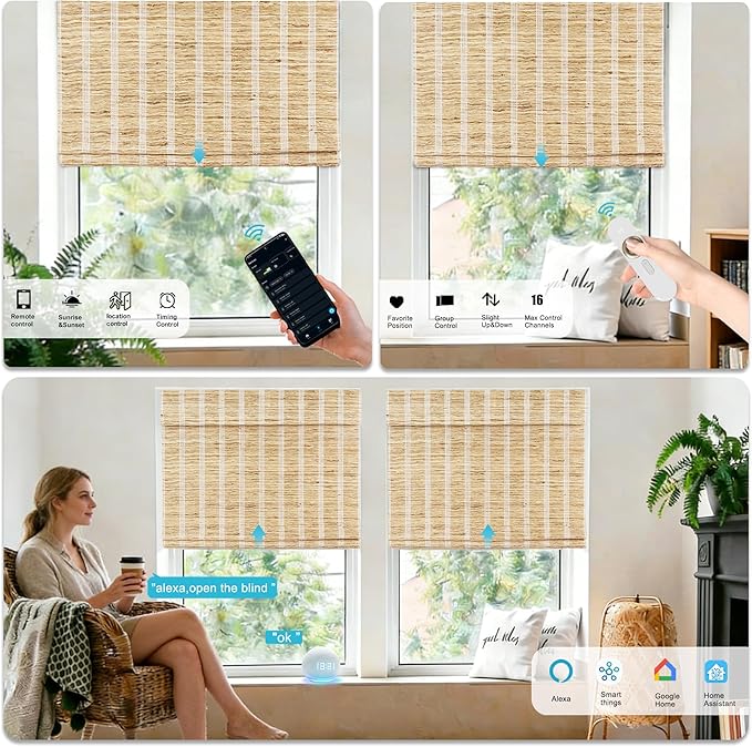 Motorized Bamboo Roman Shades, Motorized Blinds with Remote Compatible with Homekit, Alexa GoogleHome, Smart Wood Woven Shades for Indoor Windows, Customize, Shoreline Drift