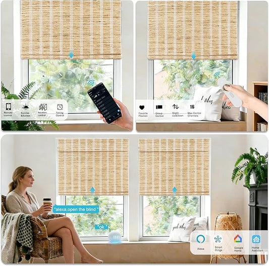 Motorized Bamboo Roman Shades, Motorized Blinds with Remote Compatible with Homekit, Alexa GoogleHome, Smart Wood Woven Shades for Indoor Windows, Customize, Shoreline Drift