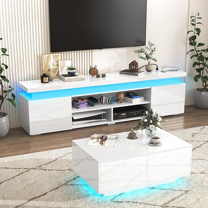 Hlivelood LED TV Stand for 95 Inch TV, Modern TV Stand with Power Outlet, High Gloss TV Console Entertainment Center with Storage and LED Lights for Living Room, Bedroom (83 Inch, White)