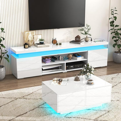 Hlivelood LED TV Stand for 95 Inch TV, Modern TV Stand with Power Outlet, High Gloss TV Console Entertainment Center with Storage and LED Lights for Living Room, Bedroom (83 Inch, White)