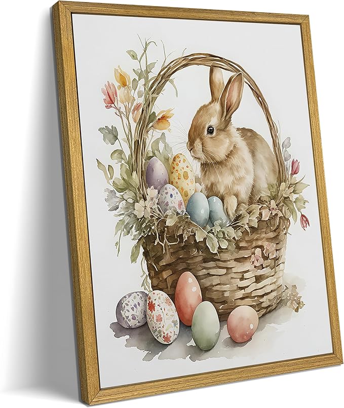 Easter Bunny Wall Art, Vintage Easter Bunny Eggs Poster Print Wall Decor, Holiday Home Canvas Decor Painting 8x10 Inch Wood Framed