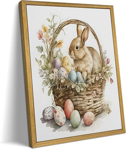 Easter Bunny Wall Art, Vintage Easter Bunny Eggs Poster Print Wall Decor, Holiday Home Canvas Decor Painting 8x10 Inch Wood Framed