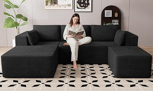 106" Cloud Sectional Boneless Couches for Living Room, Modular U Shaped Couch with Deep Seat, Removable Ottoman, Memory Foam Compressed Spineless 4 Seater Sofa for Bedroom Apartment, Black