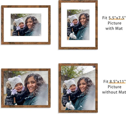 Picrit 8.5x11 Picture Frame Set of 12, Display 6x8 with Mat or 8.5 x 11 without Mat, Photo Frames for Wall Mounting or Table Top Display, Brown