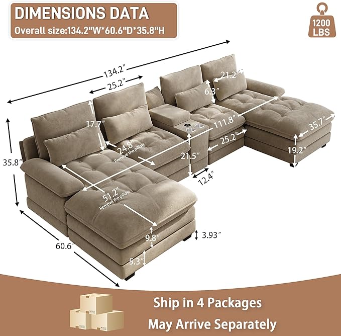 134"U Shaped Sectional Couches for Living Room,Oversized Modular Sectional Fluffy Couch with Chaise Lounge & Tufted Buttons,Modern Chenille 6 Seat Living Room Sofa Set with Storage Console,Camel
