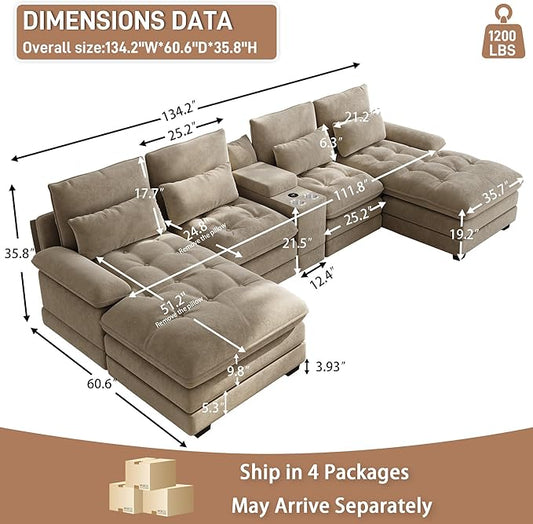 134"U Shaped Sectional Couches for Living Room,Oversized Modular Sectional Fluffy Couch with Chaise Lounge & Tufted Buttons,Modern Chenille 6 Seat Living Room Sofa Set with Storage Console,Camel