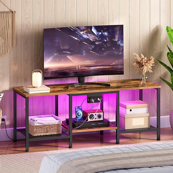 HOOBRO TV Stand with Charging Station to 55 Inches, LED Entertainment Center, Media TV Console Table with Open Storage Shelving for Living Room, Bedroom, Rustic Brown and Black BF122UDDS01