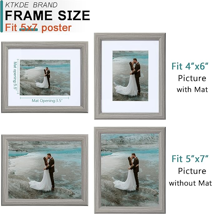 KTKDE 5x7 Picture Frame, Photo Frame Grey with Real Glass for Picture 4x6 photo with Mat or 5x7 photo without Mat, Composite Wood Picture Frames for Table Top and Wall best gift