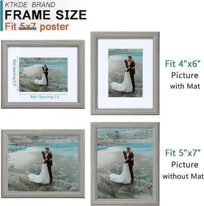 KTKDE 5x7 Picture Frame, Photo Frame Grey with Real Glass for Picture 4x6 photo with Mat or 5x7 photo without Mat, Composite Wood Picture Frames for Table Top and Wall best gift
