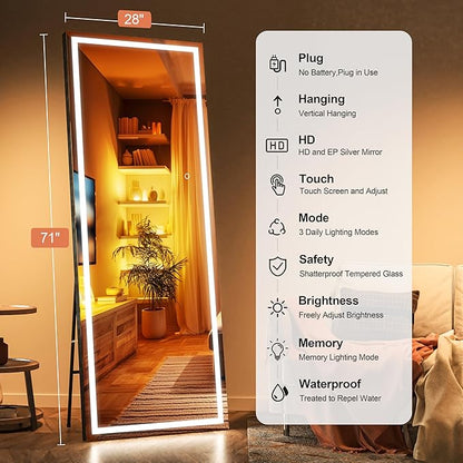 71" x 28" Full Length Mirror with Lights, LED Lighted Floor Standing Body Mirror, Dimmable & 3 Color Lighting for Bedroom, Cloakroom, Dressing Room, Tempered Glass, Black Frame