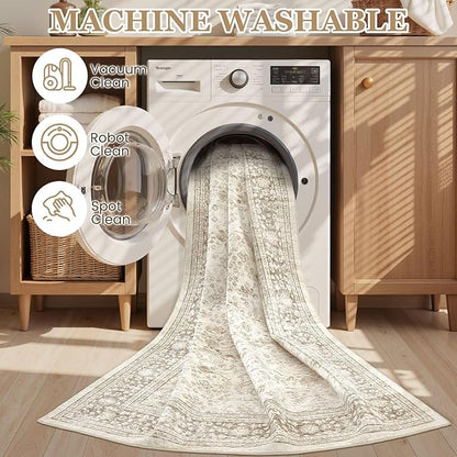 Area Rug 5x7 Washable Vintage - Soft Traditional Rugs for Living Room Large Non Slip Backing with Low Pile Farmhouse Oriental Retro Carpet for Bedroom Dining Room or Home Office - Yellowish Brown