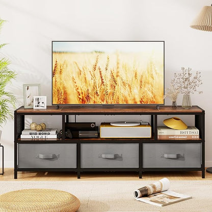 Giantex Dresser TV Stand for 65 Inch TV, Modern Entertainment Center w/Power Outlets, Open Shelf & Fabric Drawers, Television Stands, TV Console Table for Living Room Bedroom (Rustic Brown+Black)